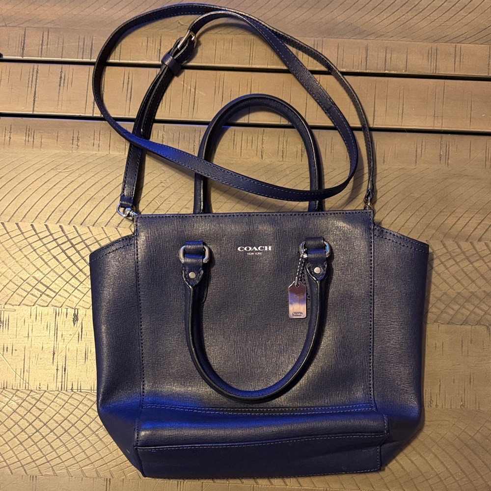 COACH Navy Blue Leather Shoulder Tote with Crossbody Strap